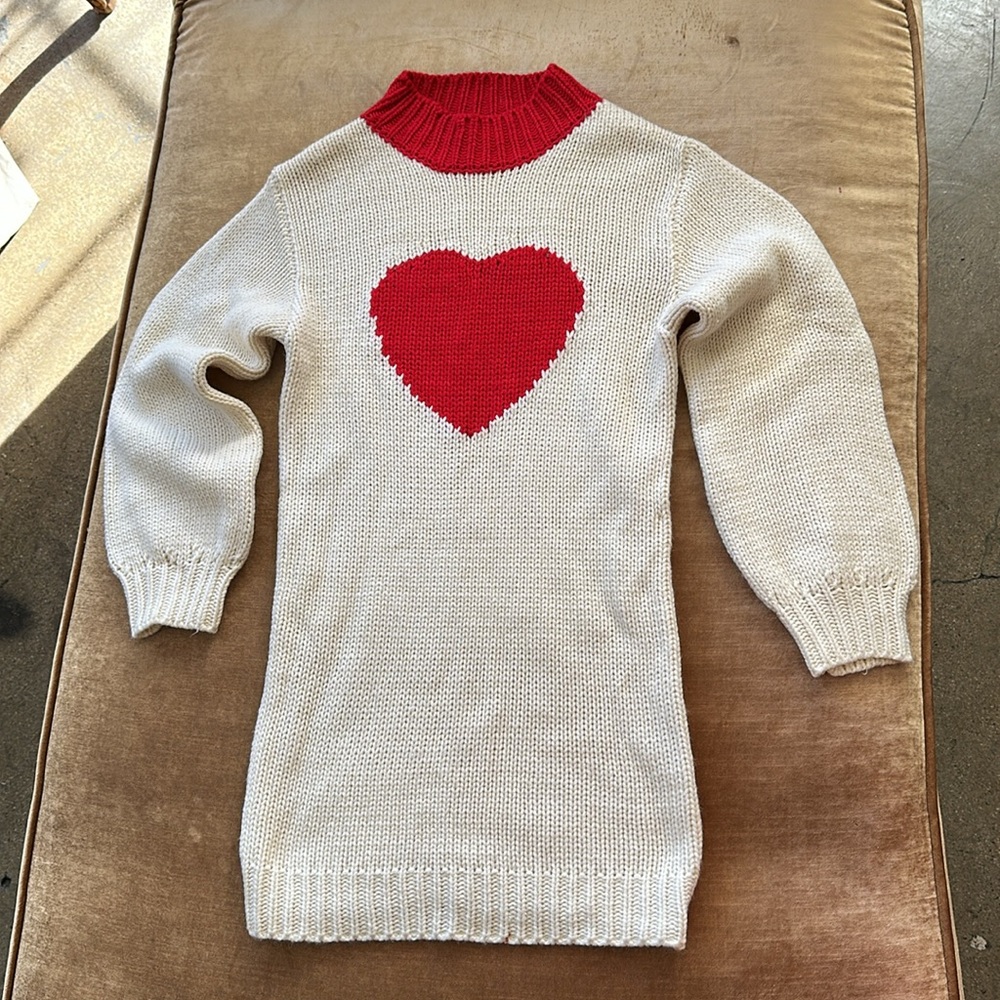 Shein micro dress or sweater Knit Cream and Red trim Heart front